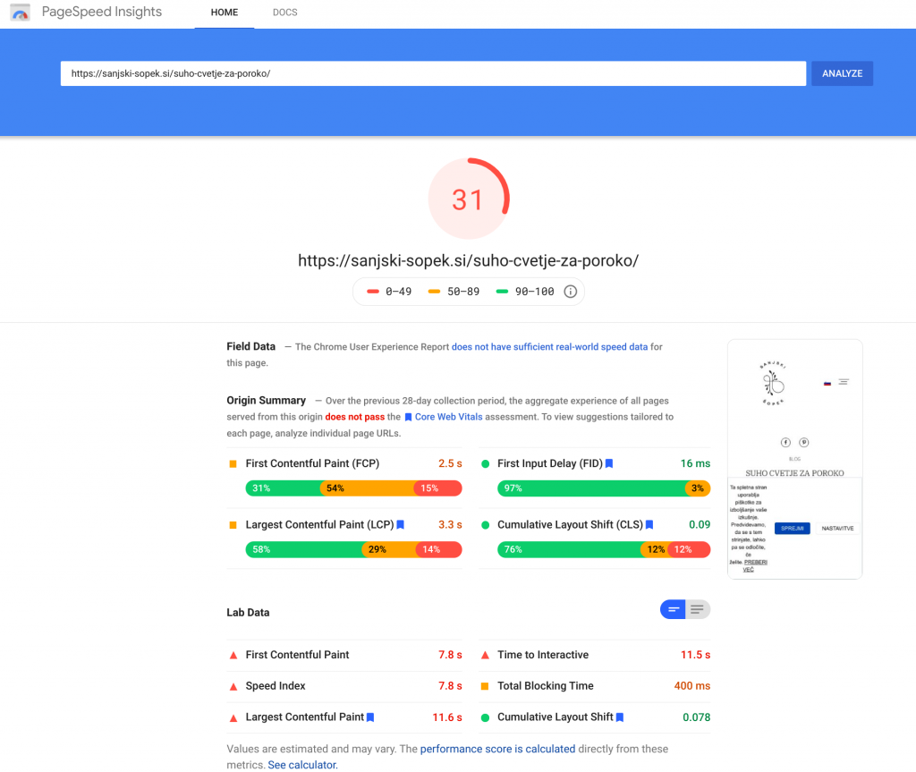pagespeed insights suho cvetje za poroko
